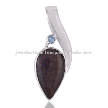 New Design Ammolite And Swiss Blue Topaz Gemstone 925 Solid Silver Pendant